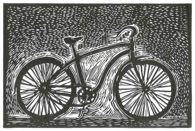 Good Bike, linocut bike image by Michael Chambers www.michaelchambersart.com