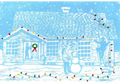 2008 Christmas Card - hand painted linocut - block print - Michael Chambers - art