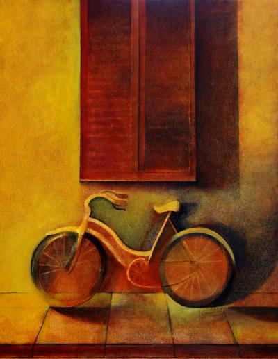 A yellow-orange bicycle is parked underneath red shutters on a sidewalk. The light on the wall behind the bike is dramatic.