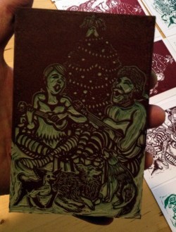 Linoleum cut print showing a couple and their dogs singing and playing instruments