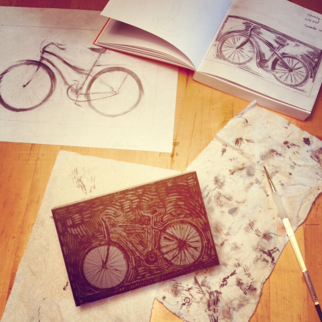 The linocut in progress