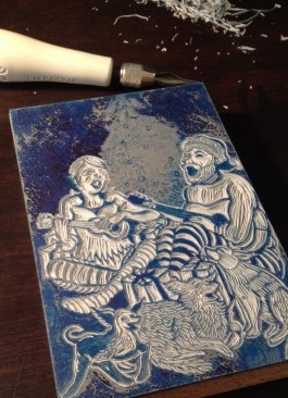 Carved linoleum block ready for printing