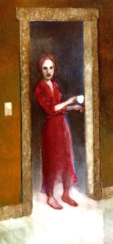 Jo the houseghost, painting in progress, Michael Chambers, oil on board
