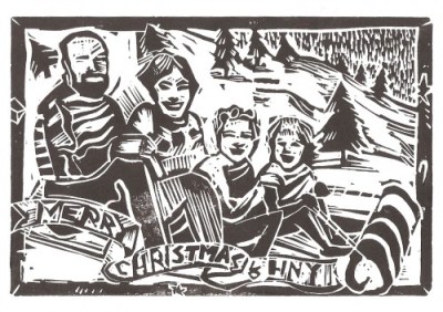 1993 Christmas Card - linocut - block print - Michael Chambers - art