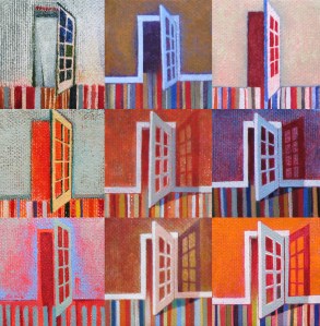 Christmas Doors, oil on canvas, each painting is 2 x 2 inches